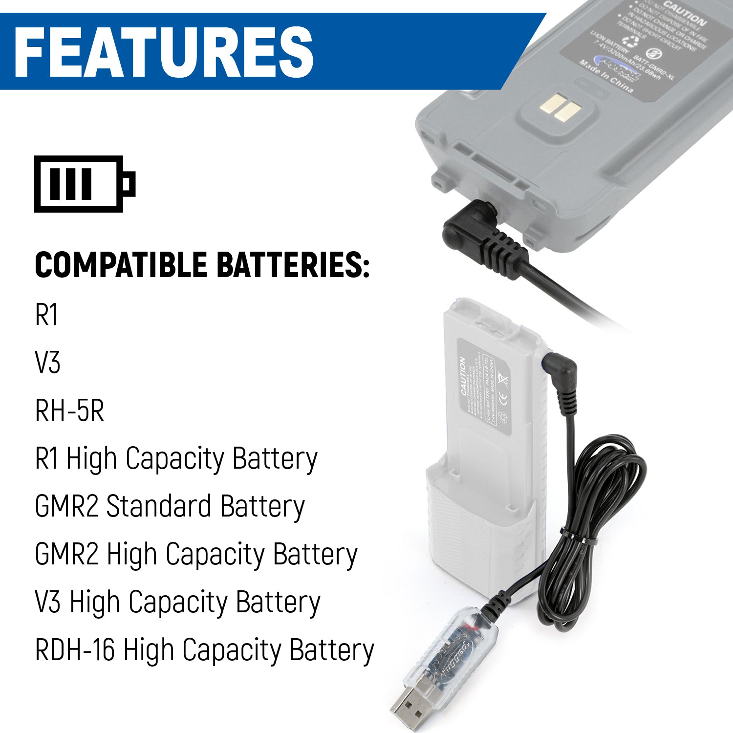 USB Charging Cable for R1 - V3 - GMR2 and GMR2 PLUS Handheld Radios