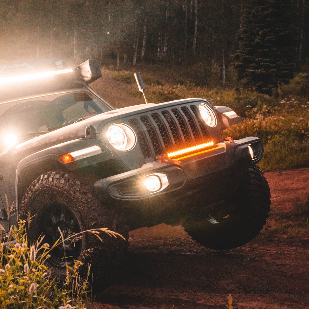 heretics 20 inch amber led light bar mounted on a jeep rubicon