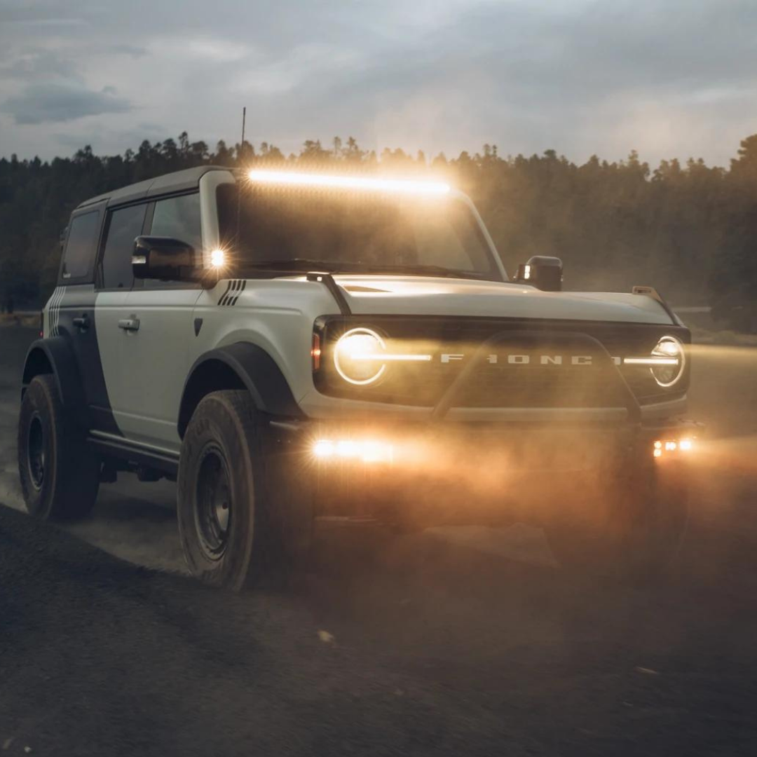 heretics ford bronco led fog light kit installed on a ford bronco